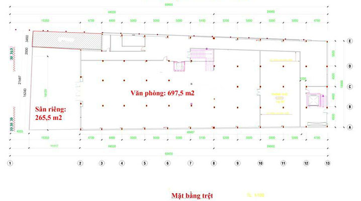 Layout tầng trệt của tòa nhà cho thuê đường Huỳnh Tấn Phát