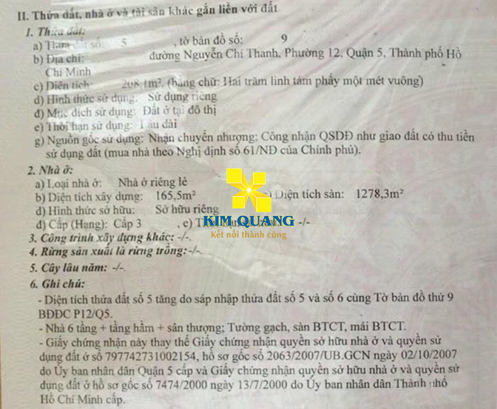 Hình chụp giấy chứng nhận quyền sử dụng đất của tòa nhà cho thuê đường Nguyễn Chí Thanh