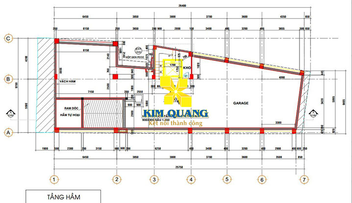 Layout tầng hầm của tòa nhà cho thuê đường Nguyễn Hữu Cầu