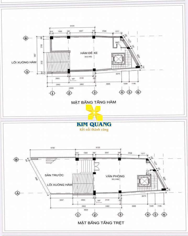 Layout tầng trệt và tầng hầm tòa nhà cho thuê đường Đinh Tiên Hoàng