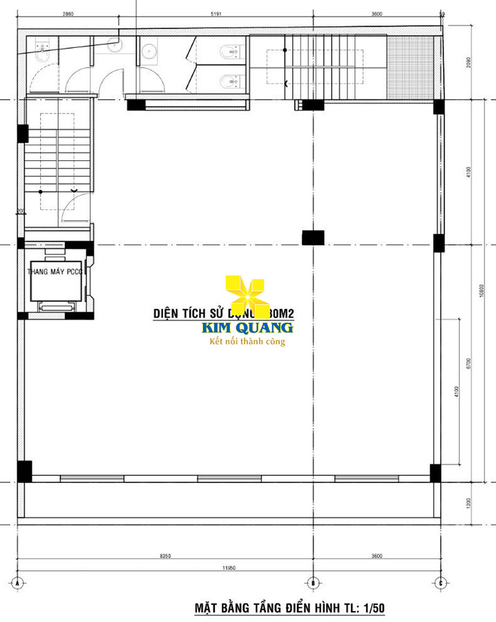 Layout mặt bằng tầng điển hình của tòa nhà cho thuê đường Thi Sách